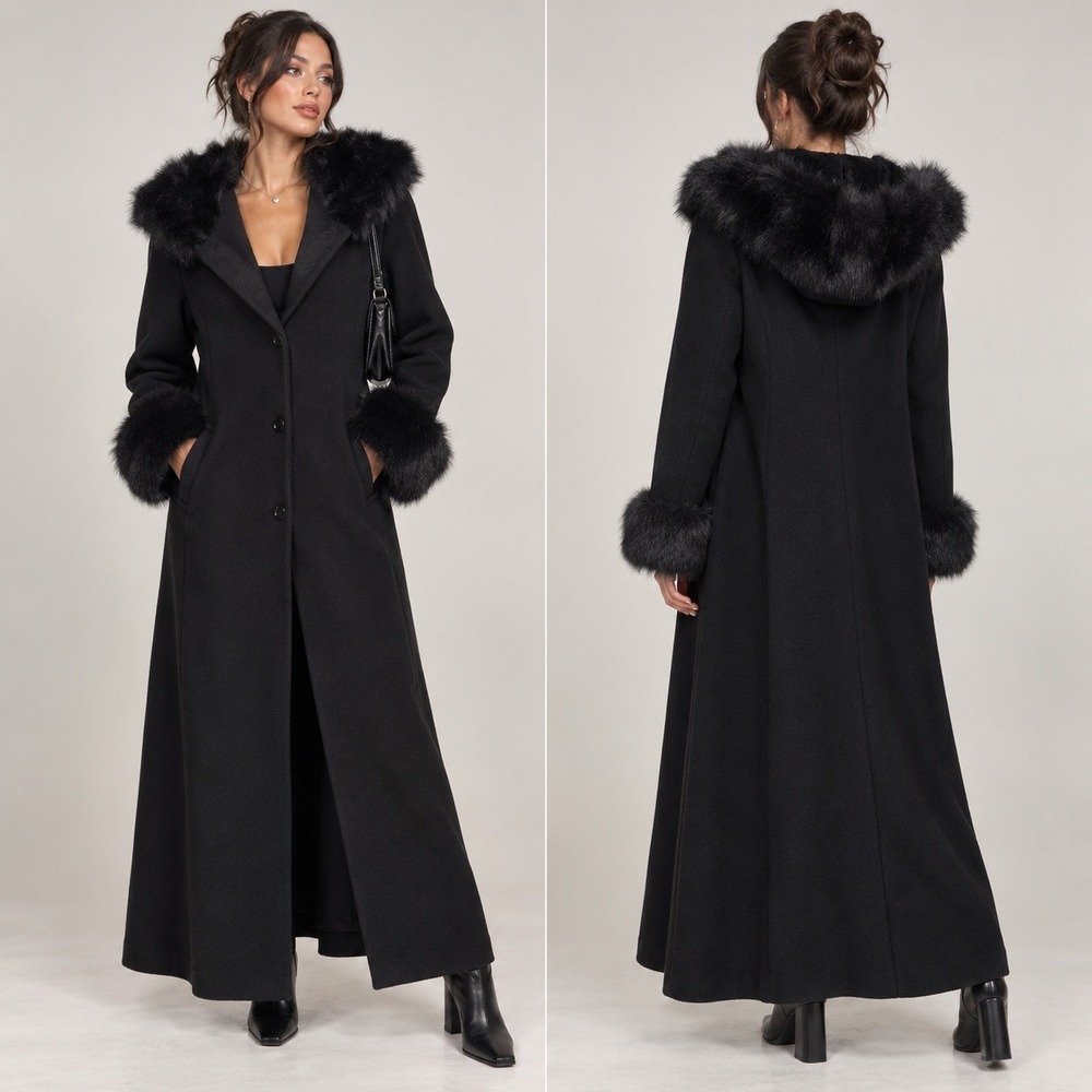 Mario De Pinto Vintage Black Wool Long Coat Faux Fur Trim Trench Maxi USA Winter